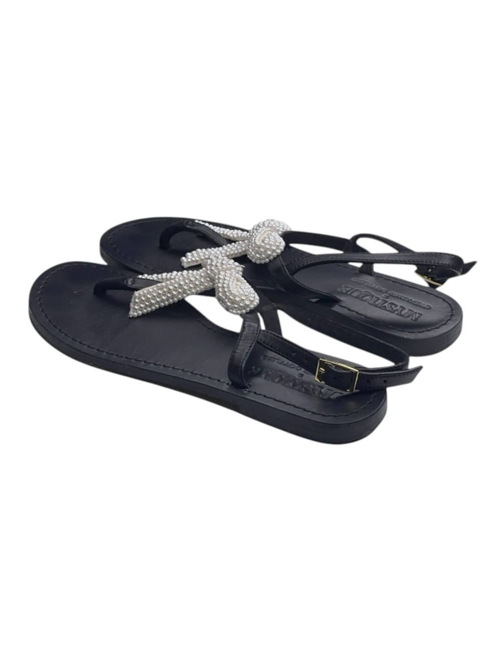 Mystique x Stephanie Gottlieb 𞠬 Liza Pearl Bow Flat Sandals 𞠬 Black Leather 𞠬 - Picture 5 of 16